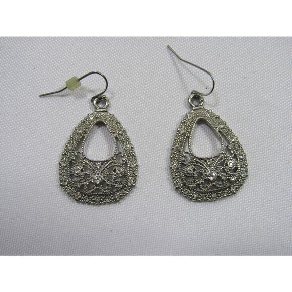 Silver Silver Tone Rhinestone Earrings Boho Cottagecore 2" Retro Dangly Open - Picture 1 of 3